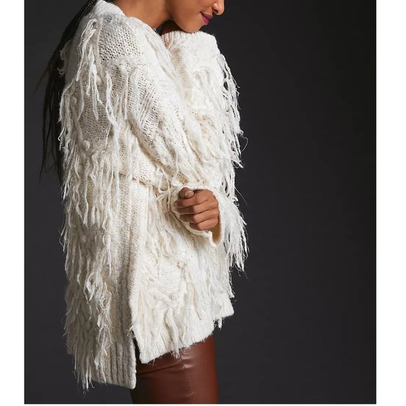 By Anthropologie Fringed Pullover Sweater Ivory White w/ Shimmer - Medium. - Picture 15 of 16